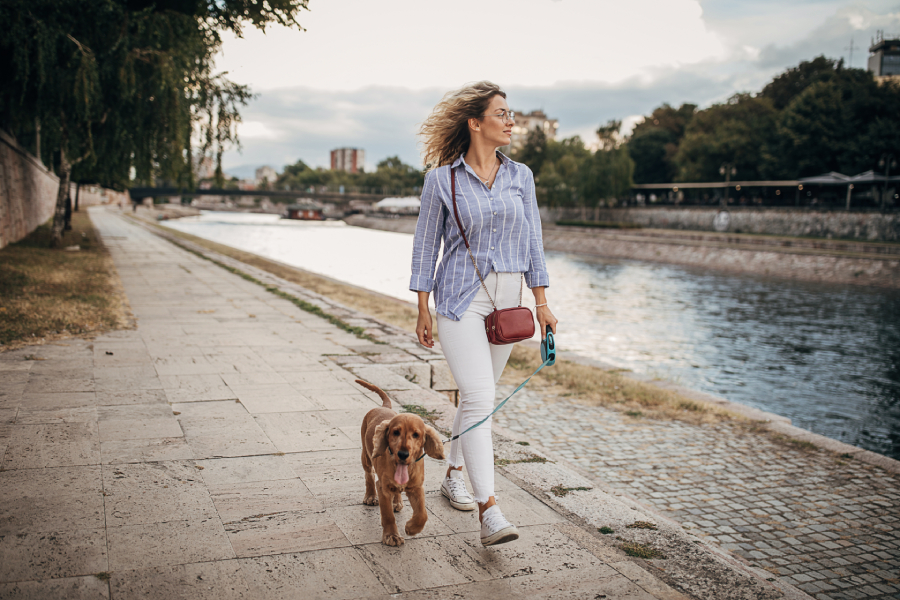 Девушка гуляет по набережной с собакой